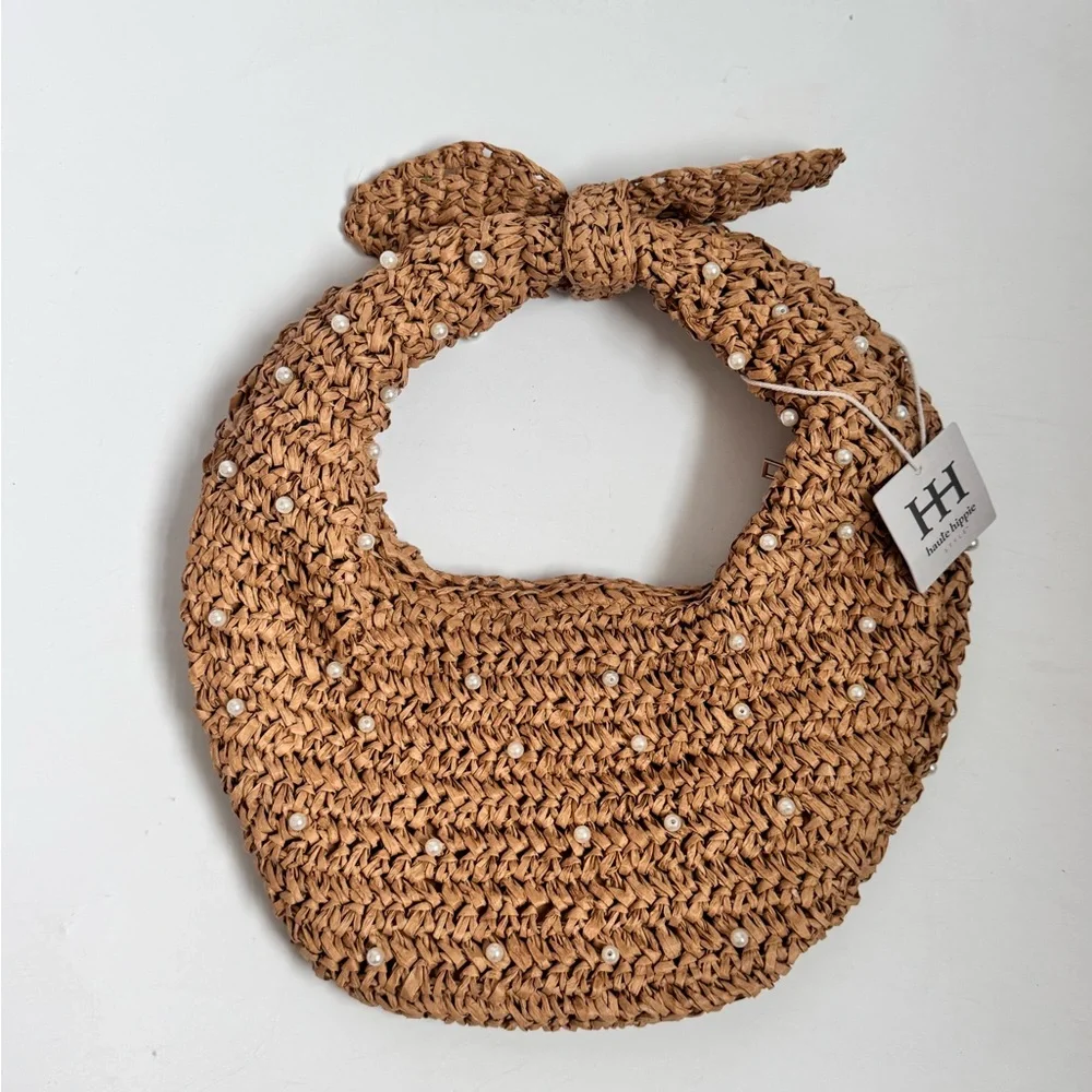 NWT Haute Hippie Straw Pearl-Embellished Woven Shoulder Hobo Bag in Natural Tan